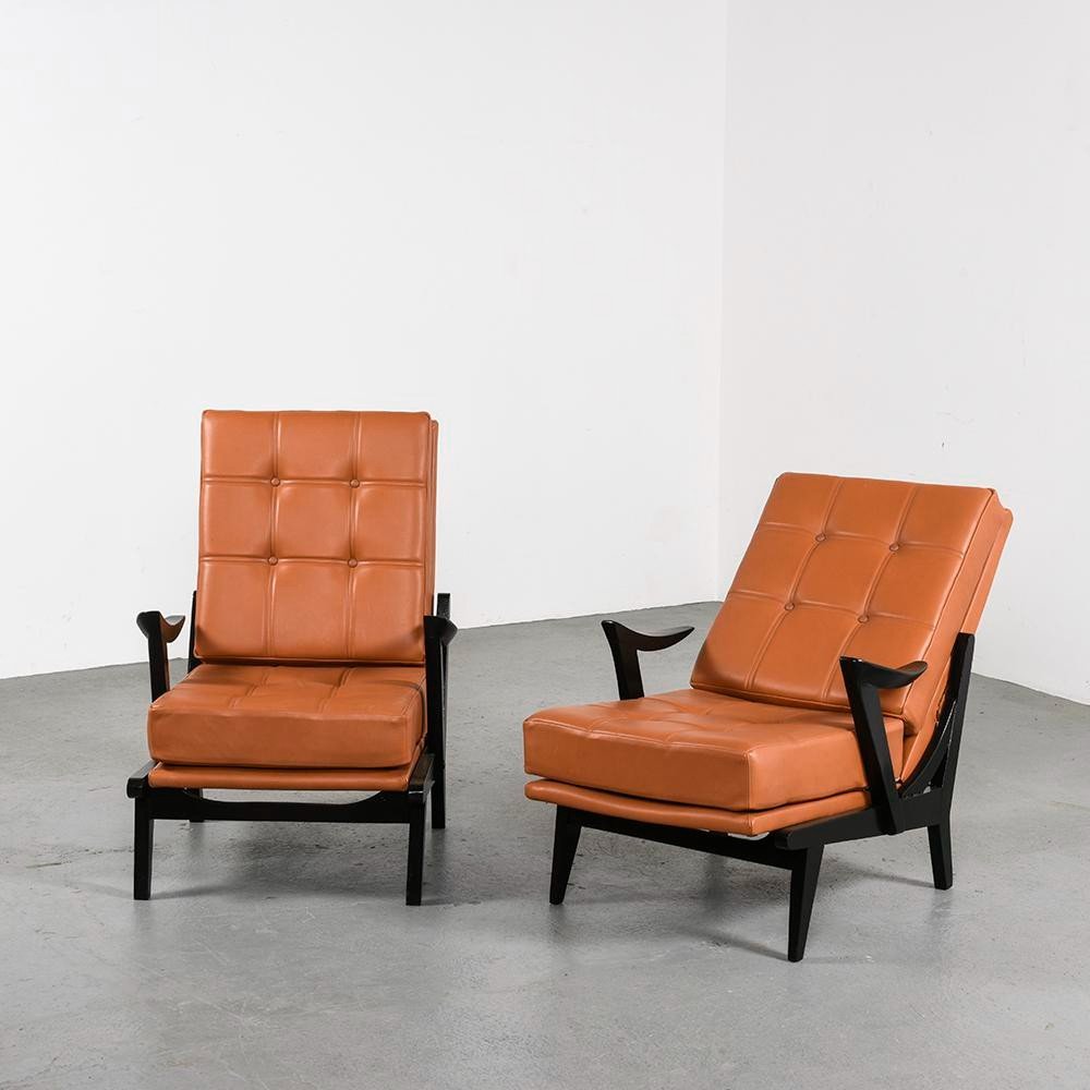 Armchairs In Wood And Leather, Circa 1950