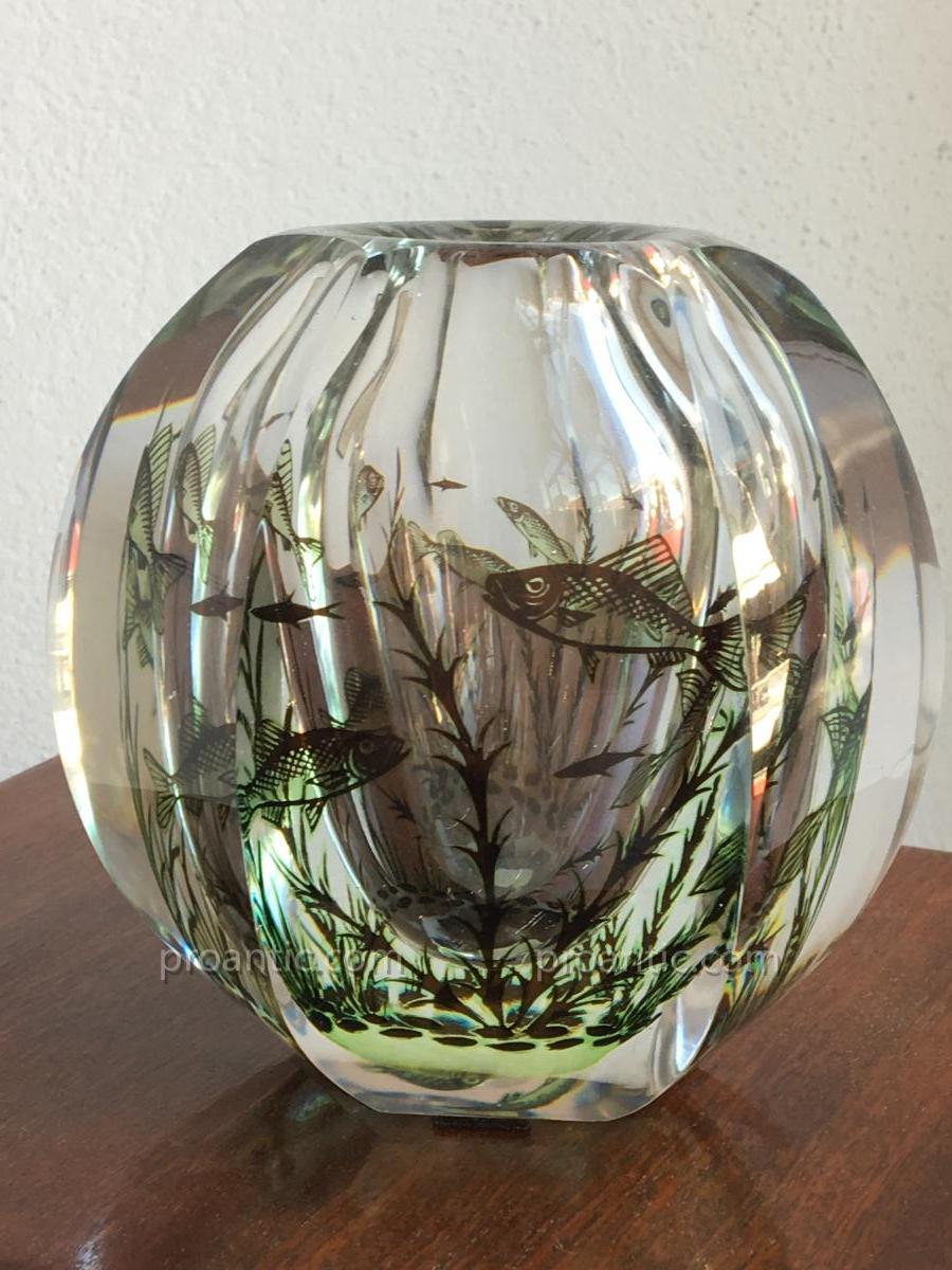 Crystal Thick 6-sided Vase. Graal Glass, Edvard Hald For Orrefors 1956