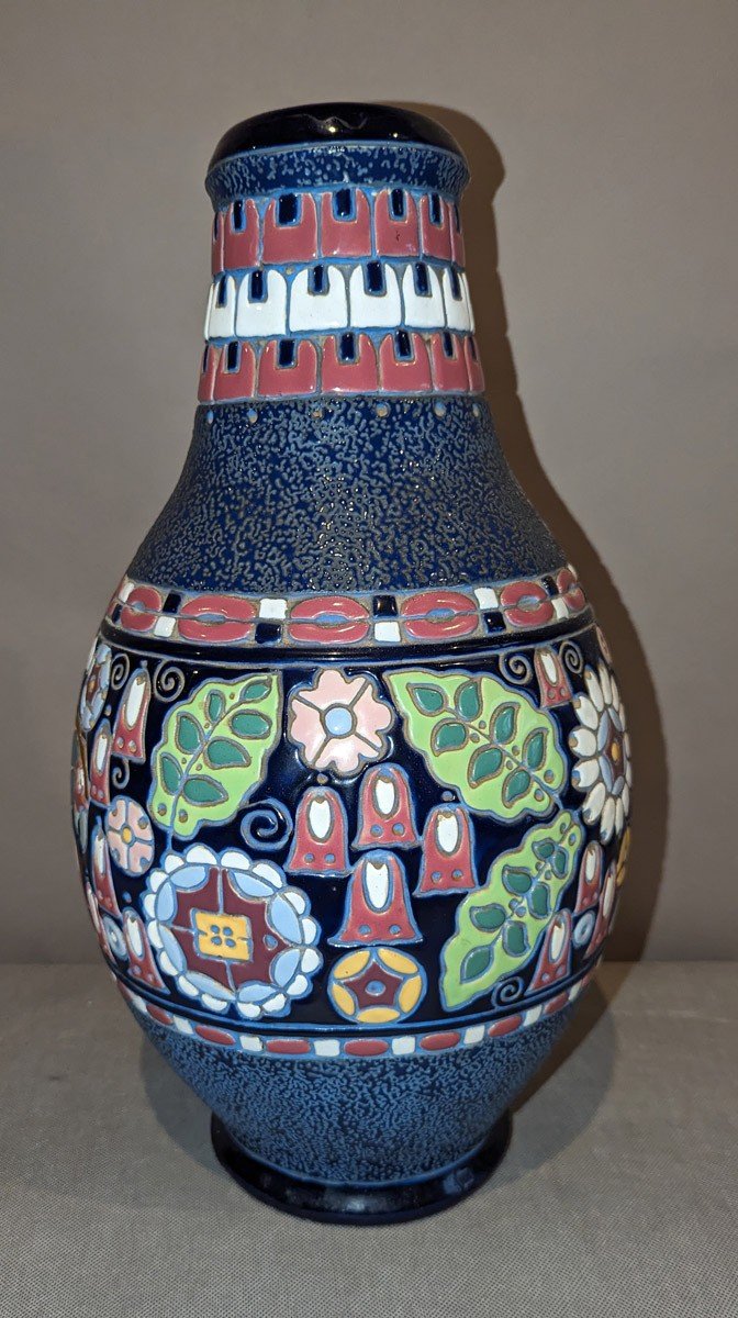 Amphora. Large Ovoid Ceramic Vase With Polychrome Enameled Cover (parrot)-photo-3