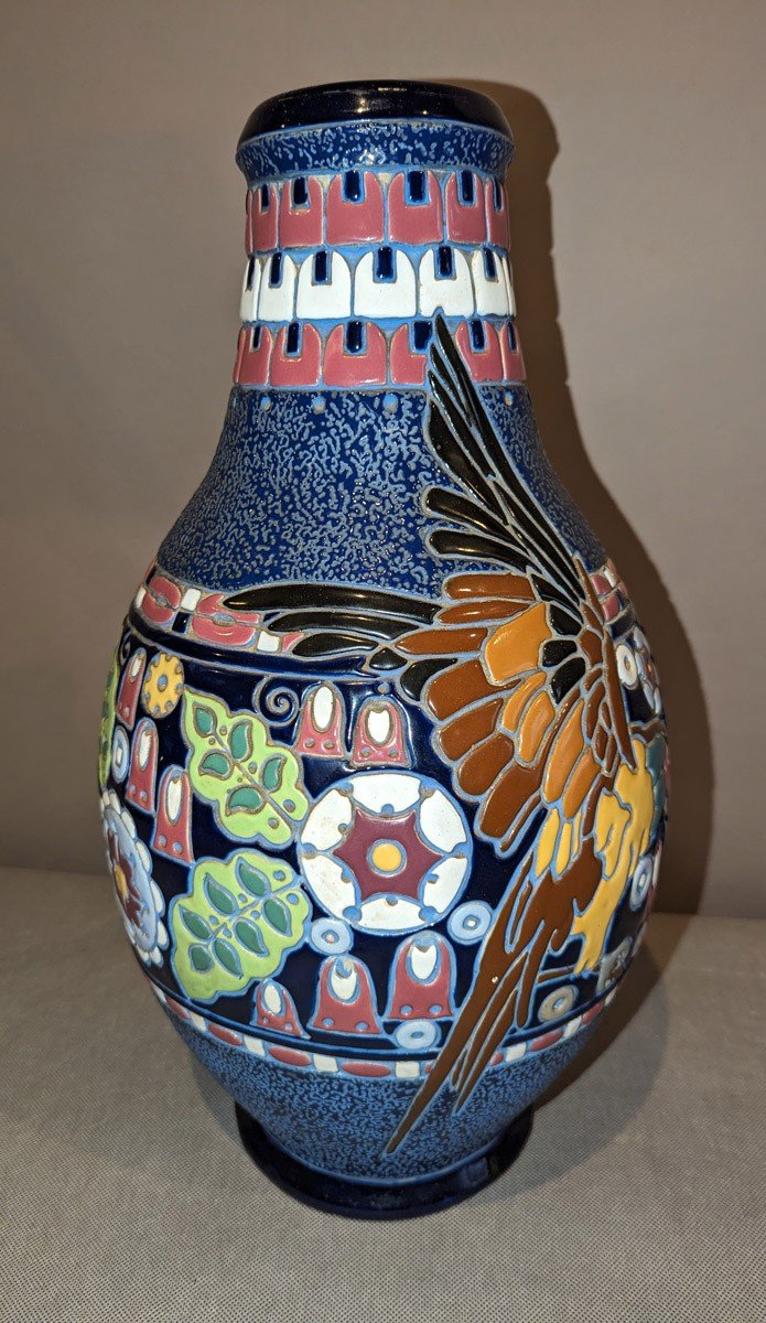 Amphora. Large Ovoid Ceramic Vase With Polychrome Enameled Cover (parrot)-photo-2