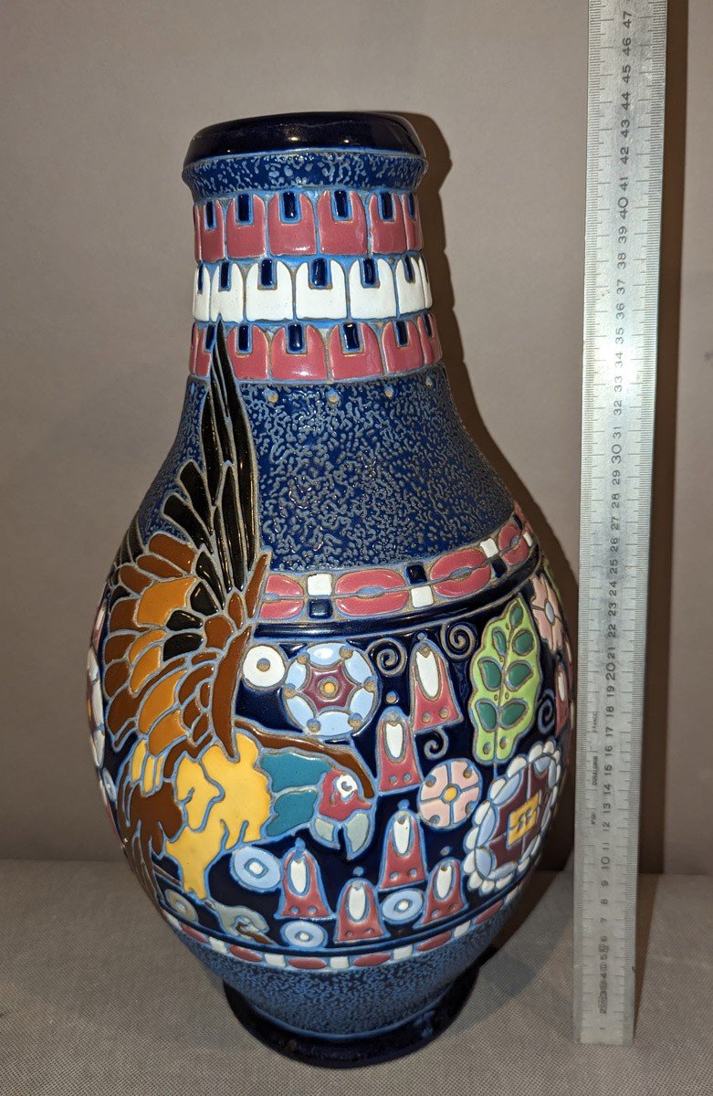 Amphora. Large Ovoid Ceramic Vase With Polychrome Enameled Cover (parrot)-photo-4