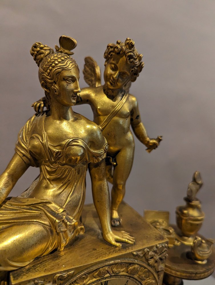 Empire Pendulum In Gilt Bronze "seated Goddess And Putti"-photo-3