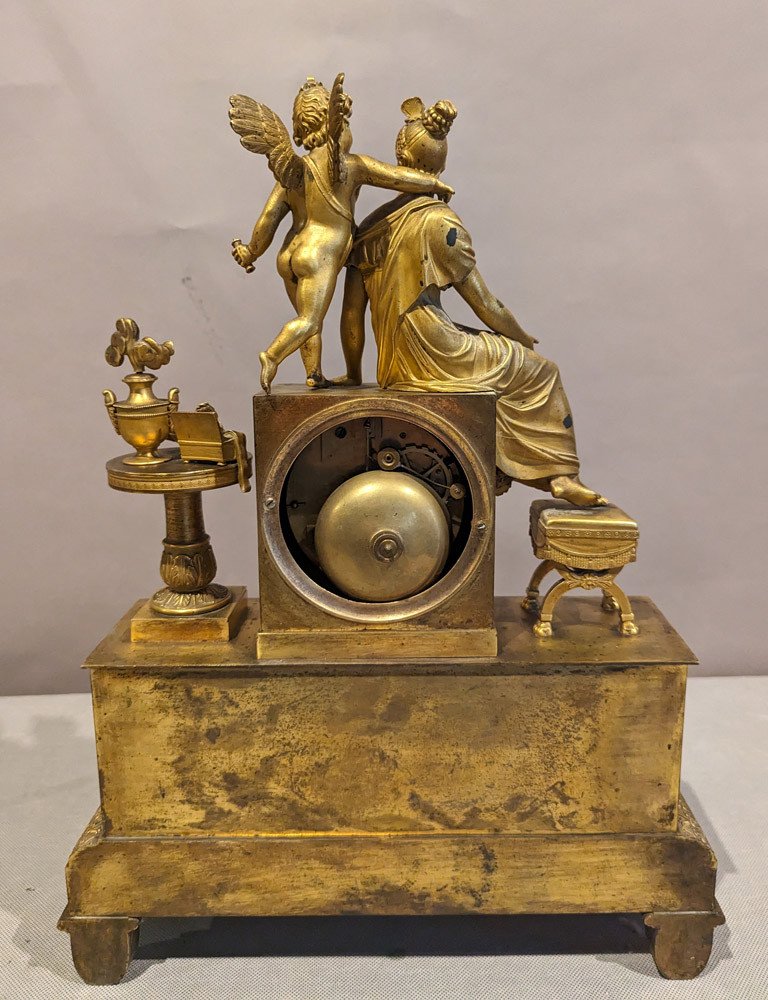 Empire Pendulum In Gilt Bronze "seated Goddess And Putti"-photo-3