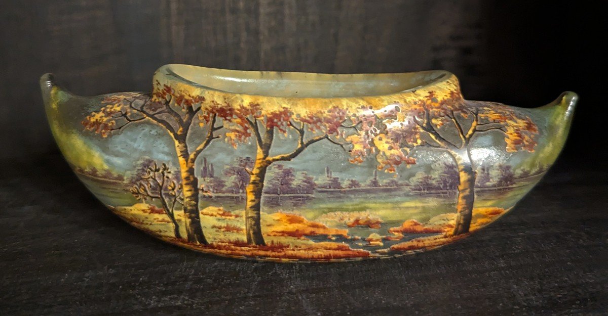 Rare Daum Shuttle Shaped Pocket Trinket (circa 1905/1910) Autumn Landscape