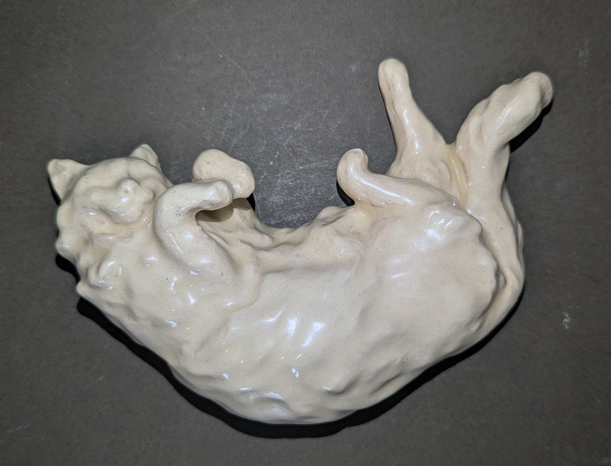 Rare Ceramic Subject "cat Sleeping On Its Back" By Jean-jacques Lachenal -photo-3