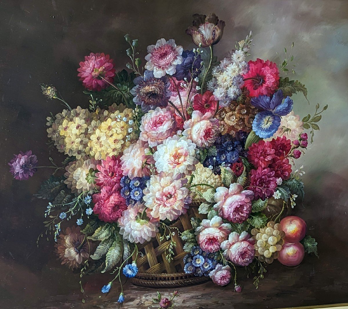 Very Large Painting Bouquet Of Flowers In A Woven Basket-photo-2