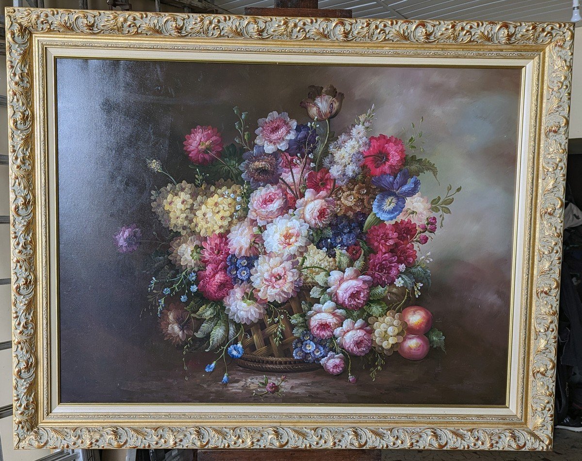 Very Large Painting Bouquet Of Flowers In A Woven Basket