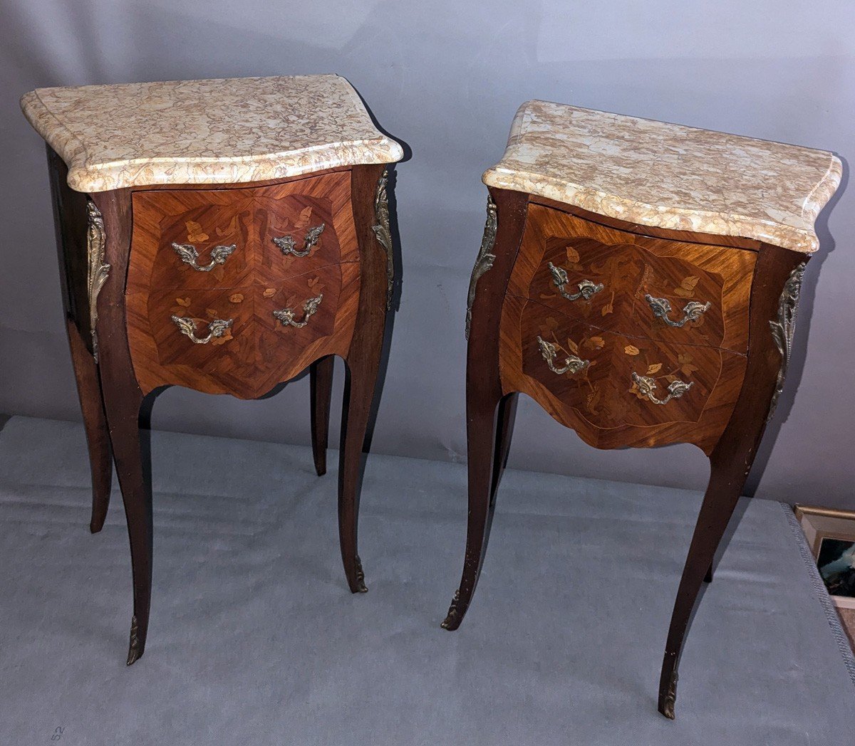 Pair Of Louis XV Style Marquetry Bedside Tables-photo-2