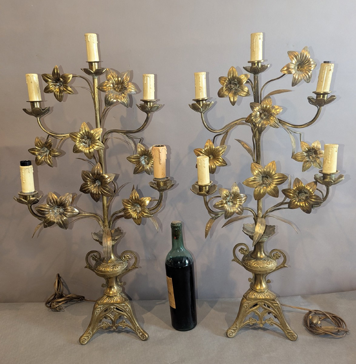 Pair Of Brass And Bronze Candelabras With Flower Decor-photo-2