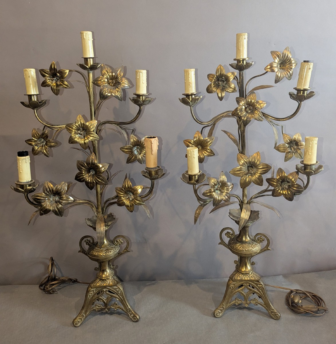 Pair Of Brass And Bronze Candelabras With Flower Decor-photo-3