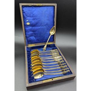 12 Silver Vermeil Dessert Spoons In Mahogany Box