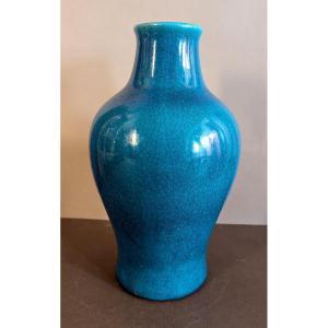 Pol Chambost - Vase Turquoise  Craquelé