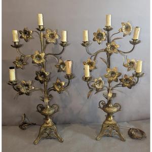 Pair Of Brass And Bronze Candelabras With Flower Decor