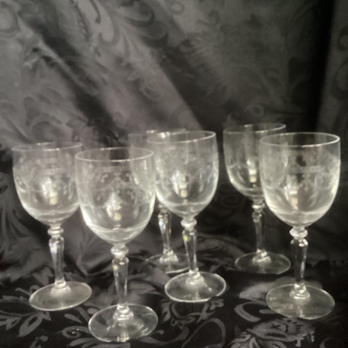 6 Large Engraved Crystal Stemmed Glasses Circa 1920.-photo-2