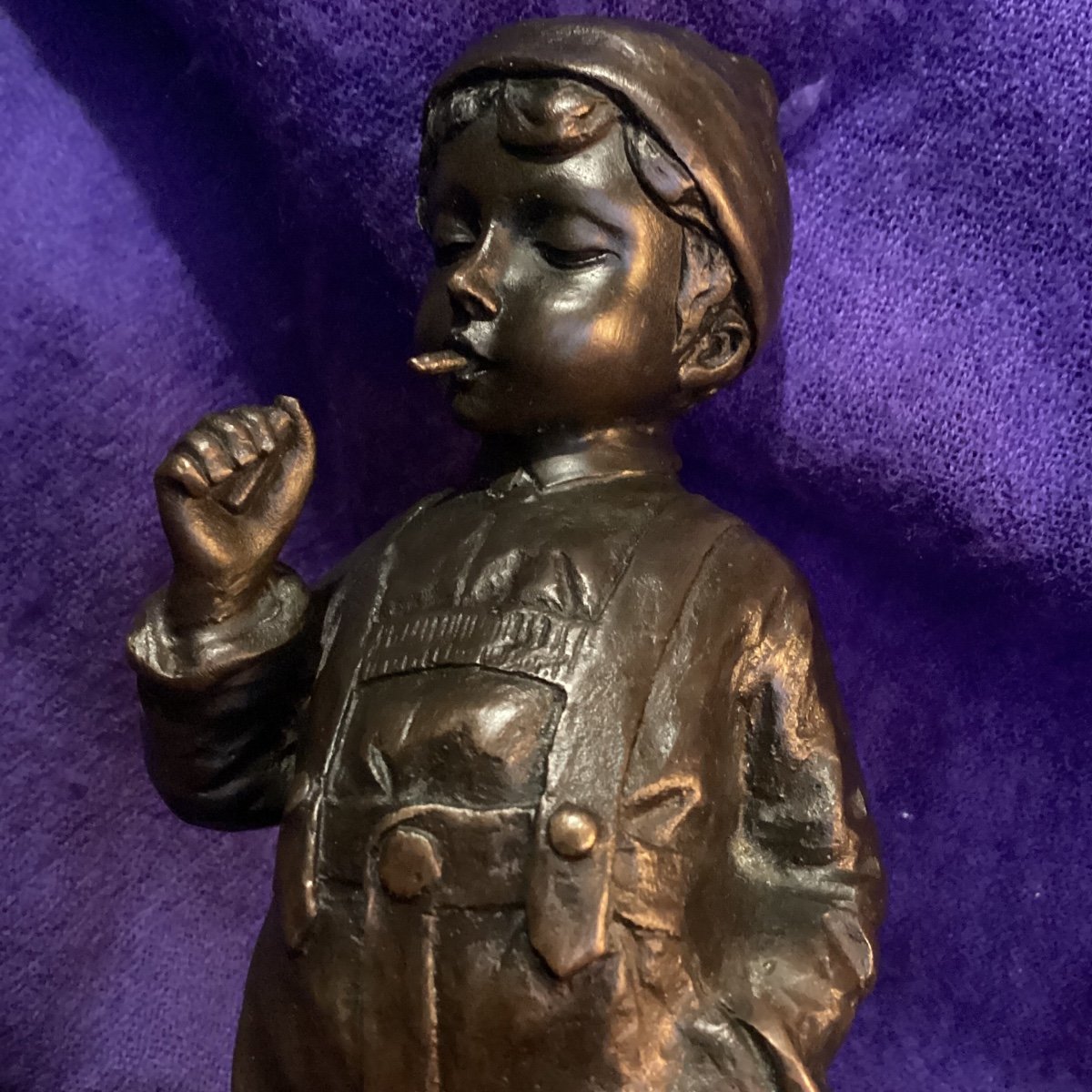 Bronze Sculpture Signed, Young Boy Lighting A Cigarette, Marble Base.-photo-2