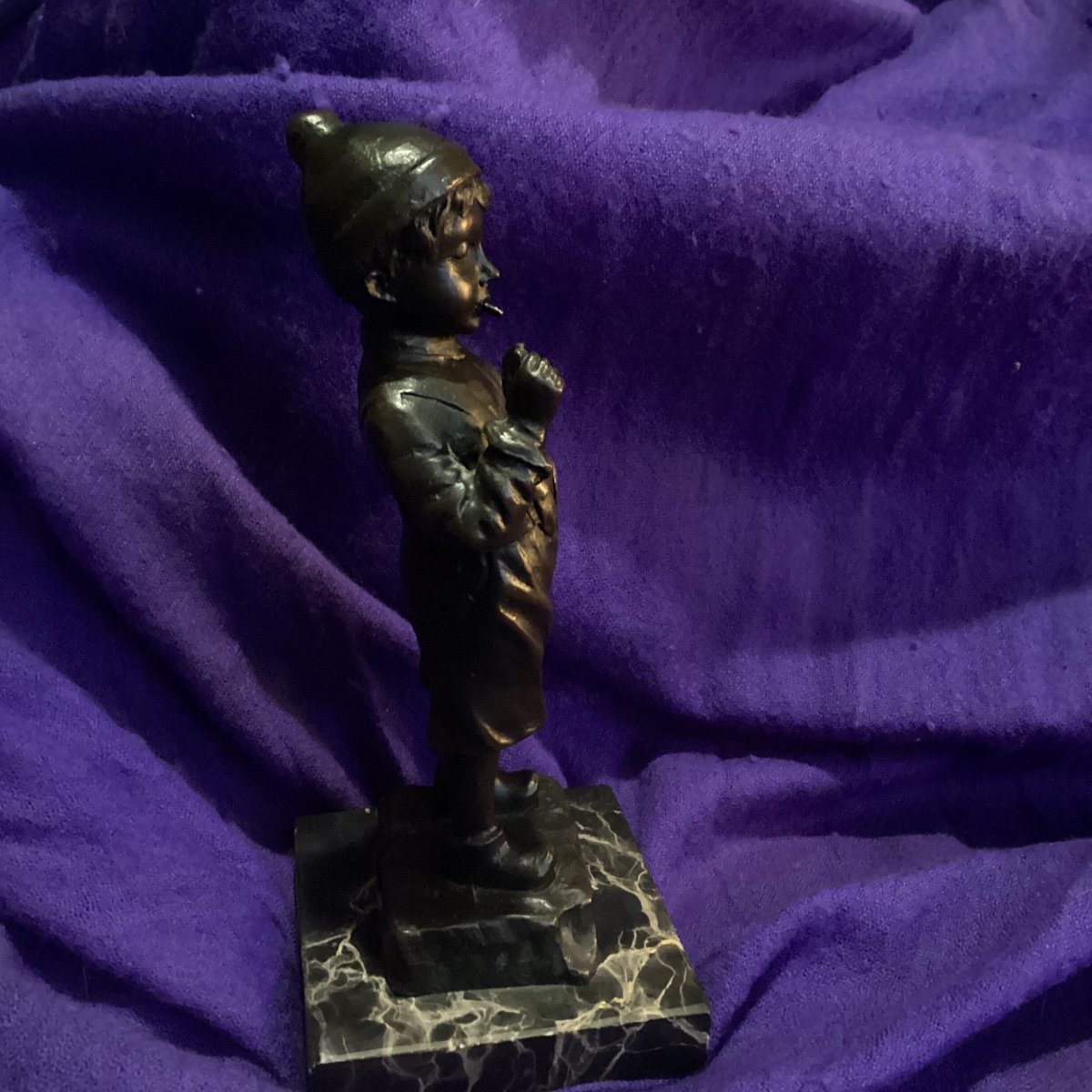 Bronze Sculpture Signed, Young Boy Lighting A Cigarette, Marble Base.-photo-2