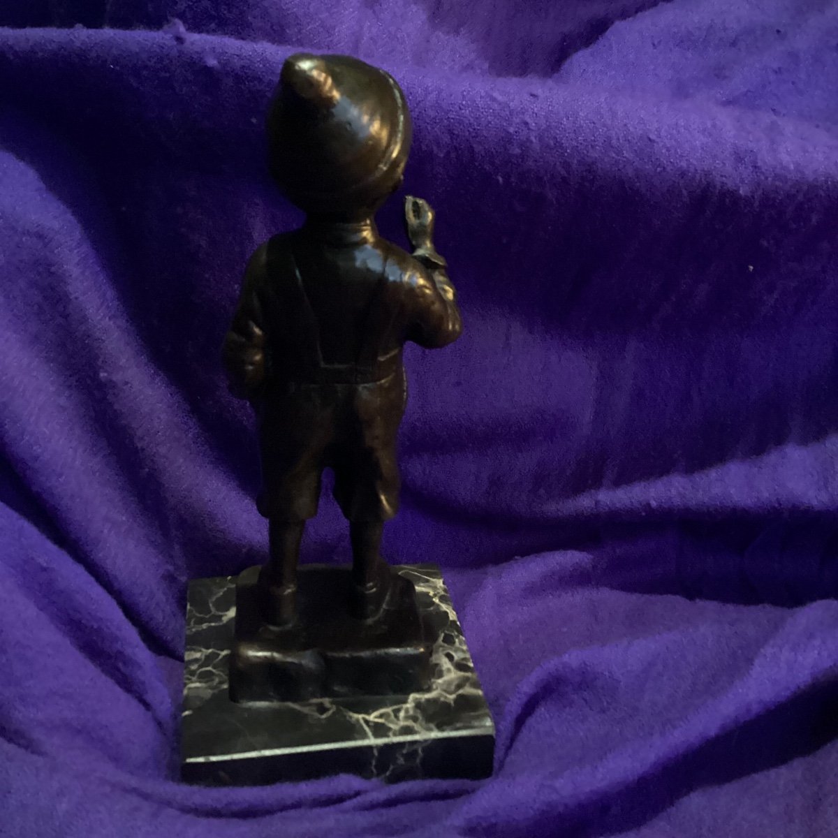 Bronze Sculpture Signed, Young Boy Lighting A Cigarette, Marble Base.-photo-3