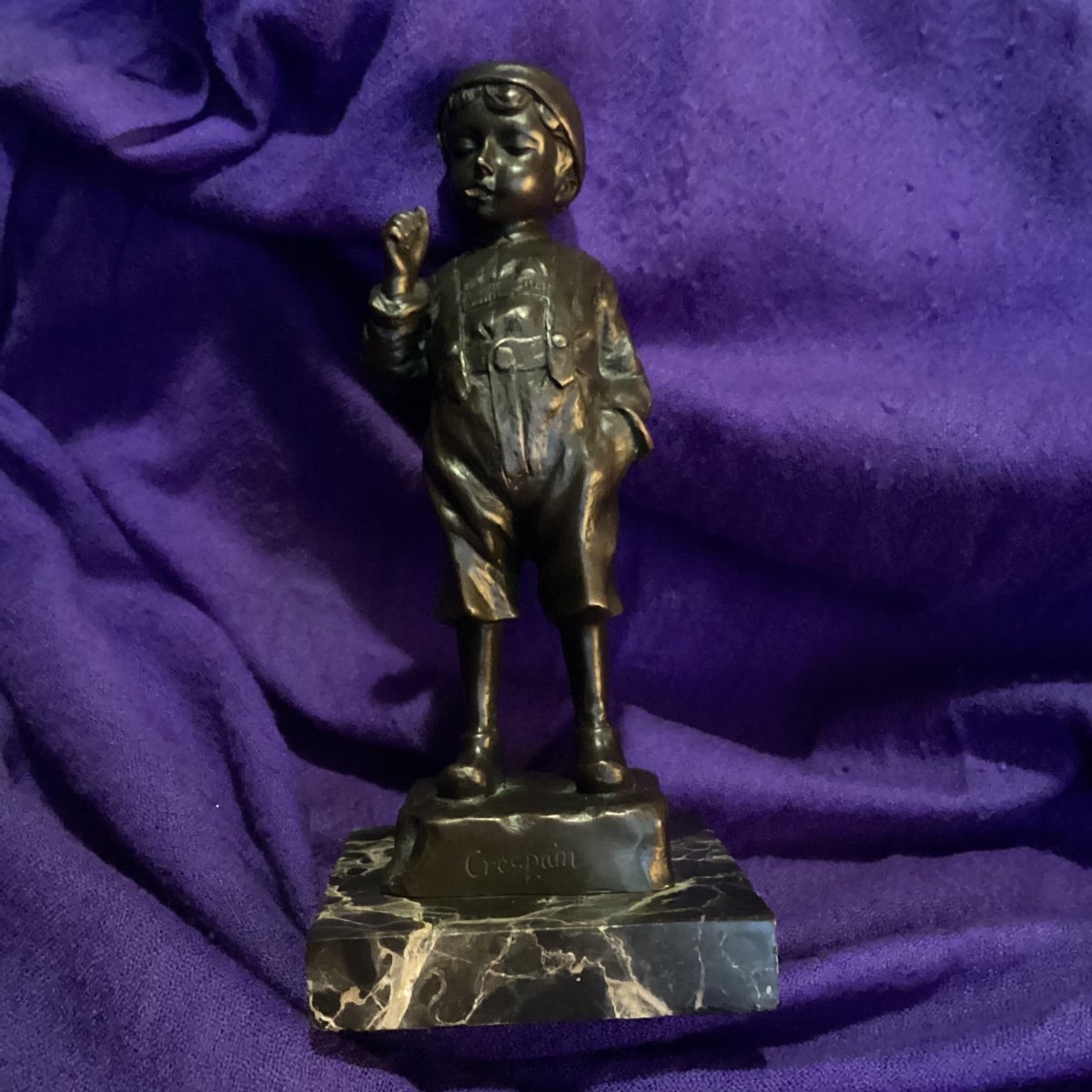 Bronze Sculpture Signed, Young Boy Lighting A Cigarette, Marble Base.