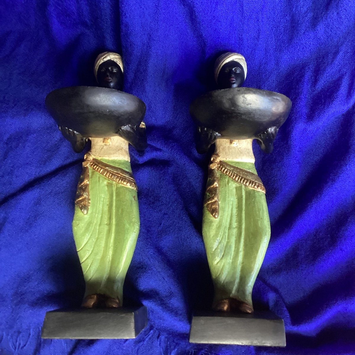 Oriental Women Pair Of Polychrome Regules Circa 1920 Beautiful Old Patina.