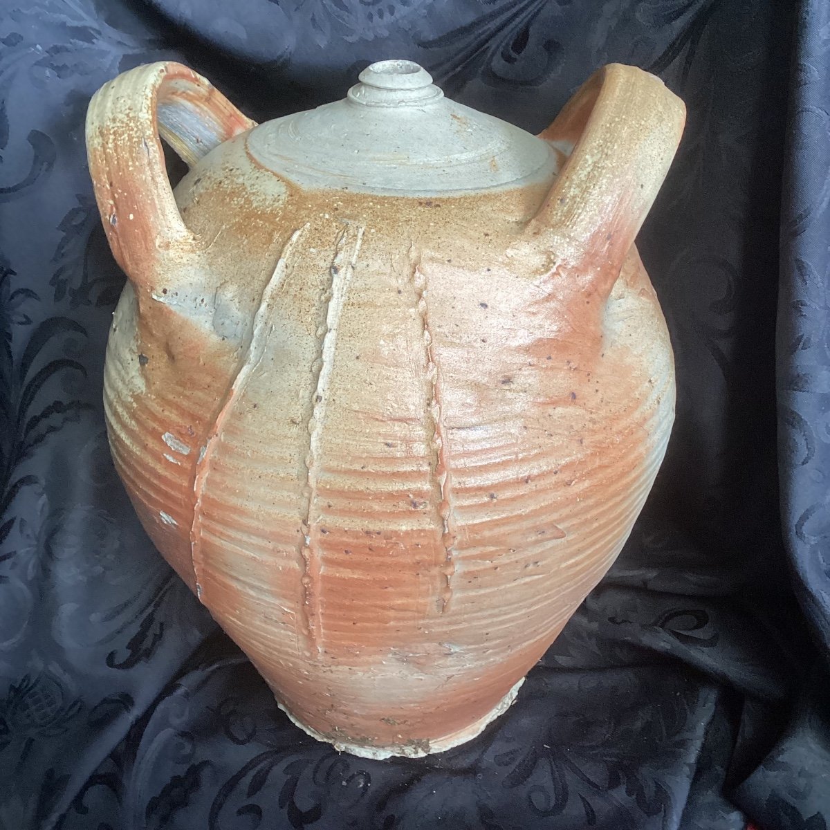 Large Stoneware Oil Jar With Scarifications, 19th Century.