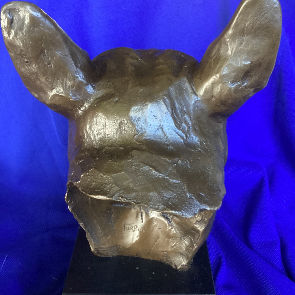 French Bulldog Head Bronze Sculpture Black Marble Base, Life-size, Art Deco, Signed.-photo-4