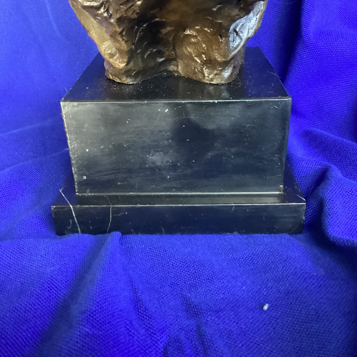 French Bulldog Head Bronze Sculpture Black Marble Base, Life-size, Art Deco, Signed.-photo-2