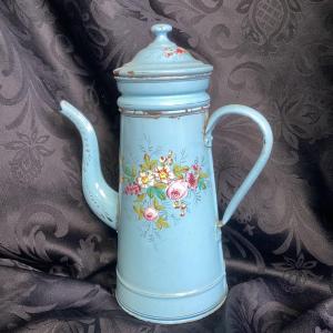 Flowered Coffee Pot Blue Enameled Sheet, Bouquets In Thickness, Complete, Small Chips, Early 20th
