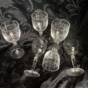 6 Large Engraved Crystal Stemmed Glasses Circa 1920.