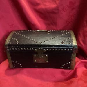 Small Wooden And Leather Chest With Brass Studs, 19th Century.