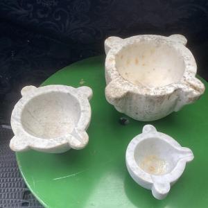 Set Of 3 Marble Mortars, 1 Very Large And Heavy, 1 Medium, 1 Small, Early 19th Century.