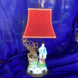 19th Century Polychrome Paris Porcelain Mounted As A Lamp, Adjustable Red Silk Shade, Brass Base.