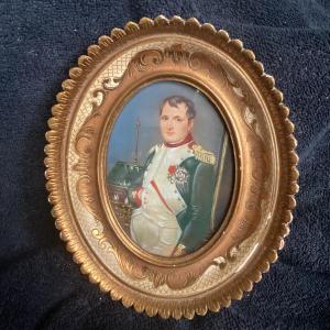 Napoléon 1er Empereur Des Français, Grande Miniature Sur Ivoire Dans Un Cadre Bois Doré.