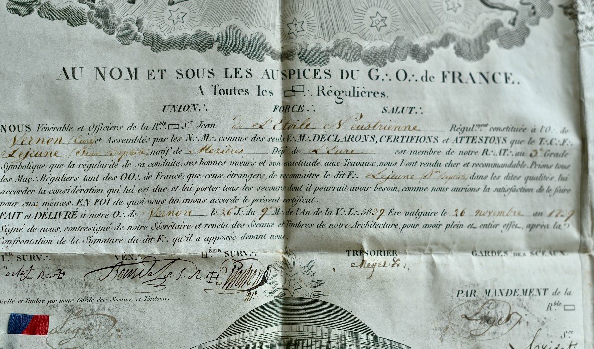 Certificate Of The Grand Orient Of France, 1839, On Velin-photo-1