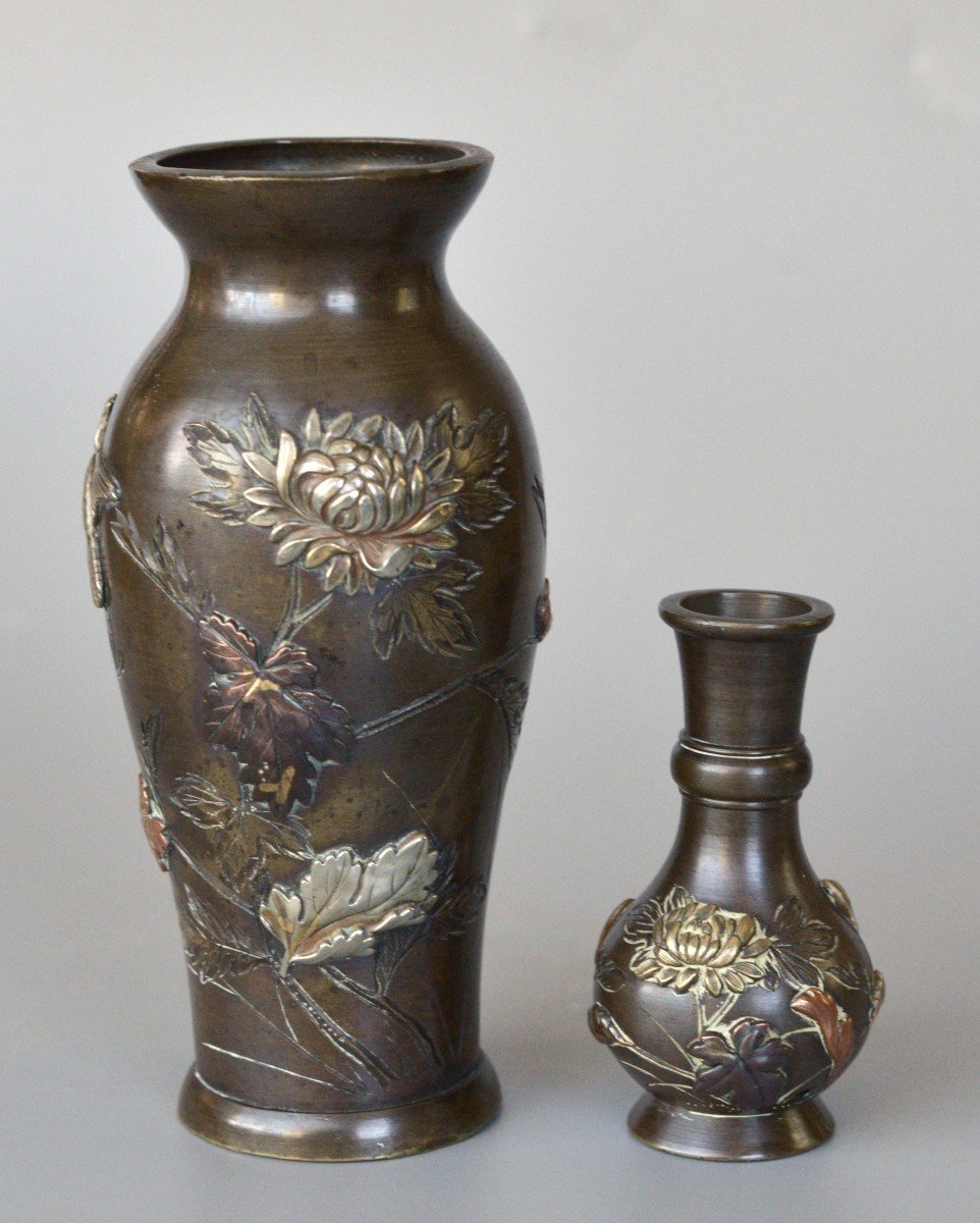 Japan Two Small Bronze Vases Inlaid With Gold, Silver And Copper, 19th C.-photo-2
