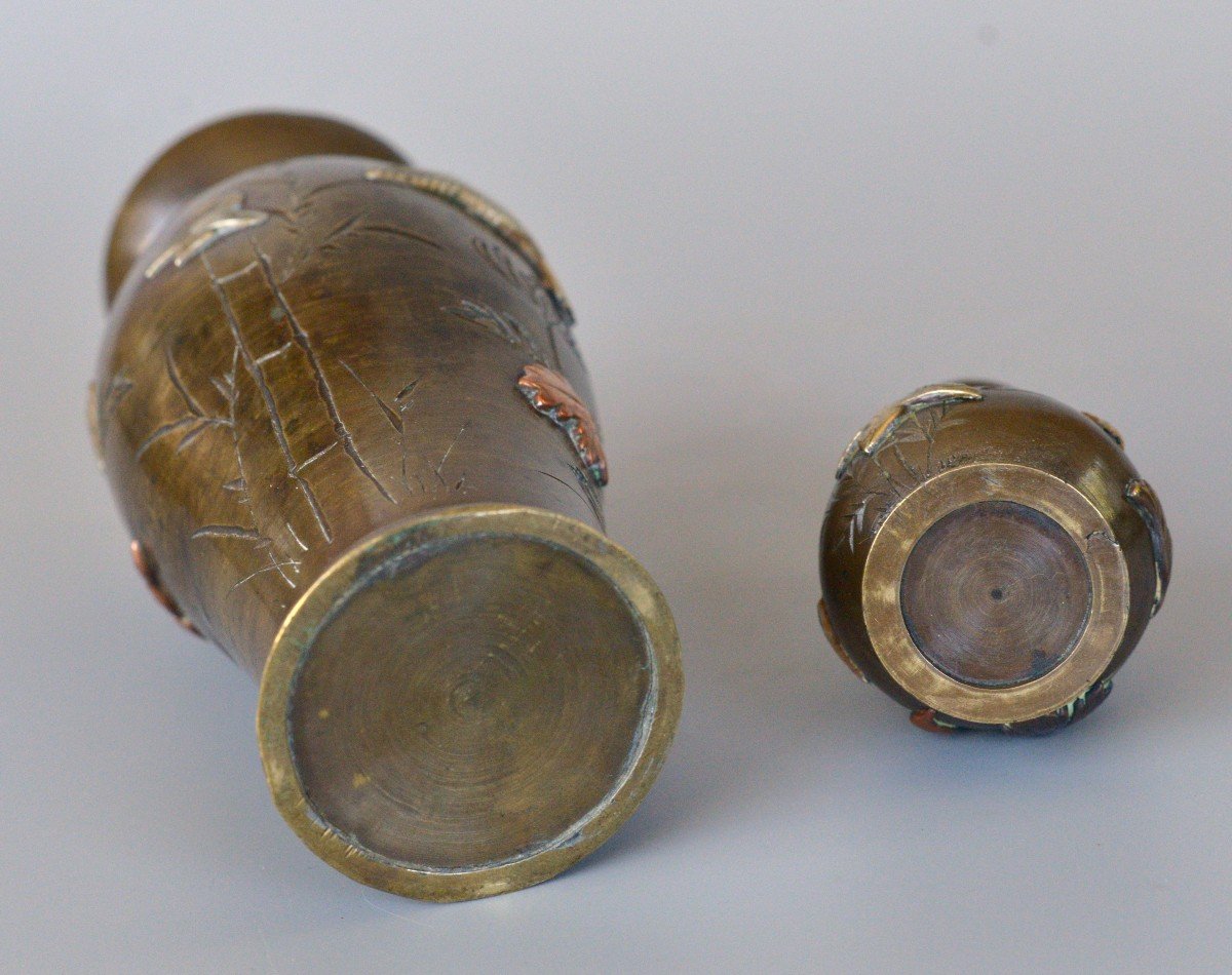 Japan Two Small Bronze Vases Inlaid With Gold, Silver And Copper, 19th C.-photo-3