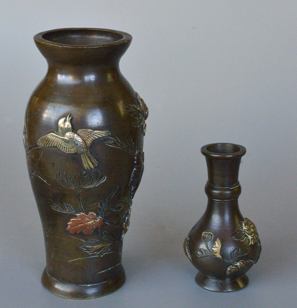 Japan Two Small Bronze Vases Inlaid With Gold, Silver And Copper, 19th C.