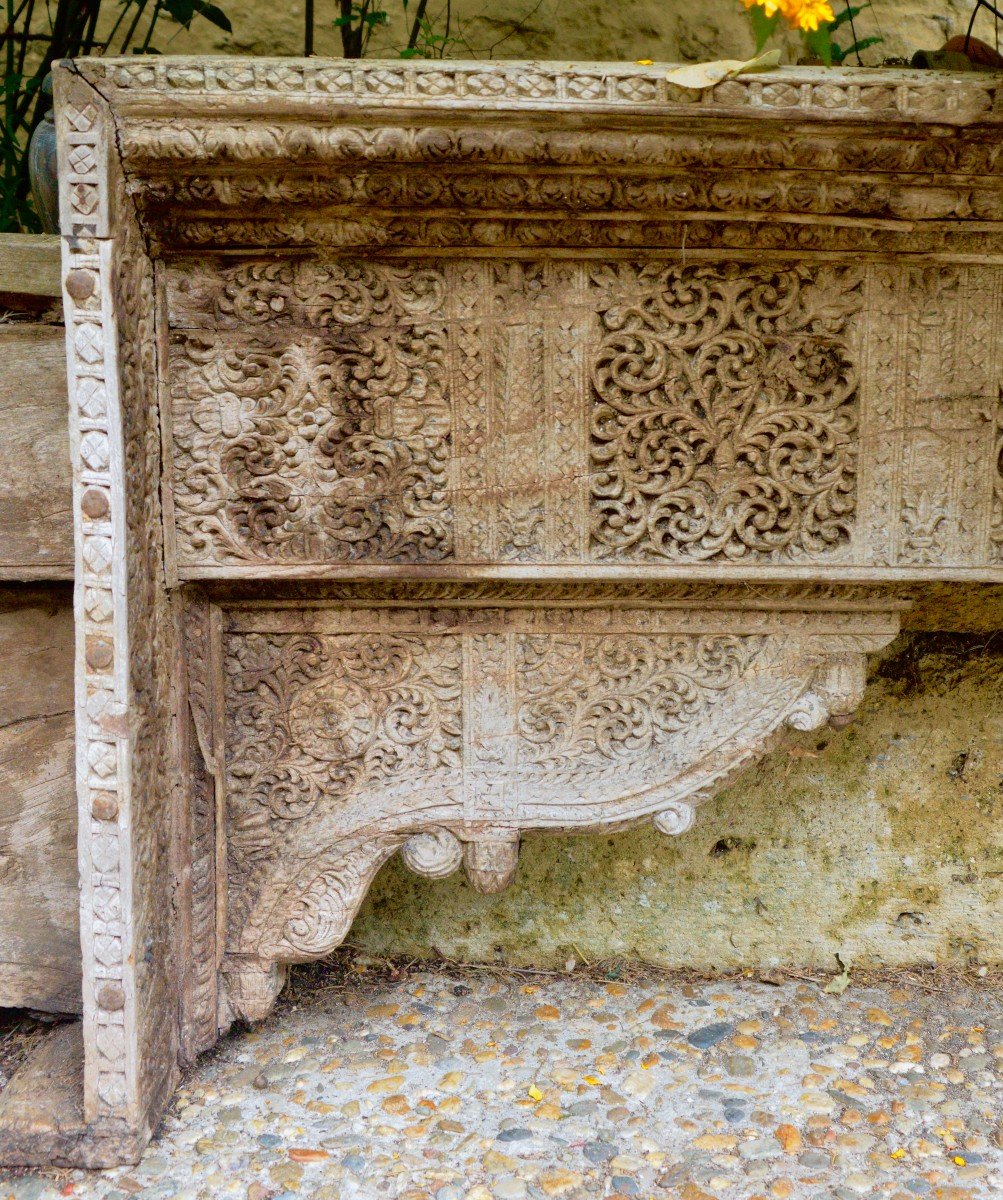 Grand Linteau Avec Ses Corbeaux En Bois Sculpté, Inde 19ème-photo-3