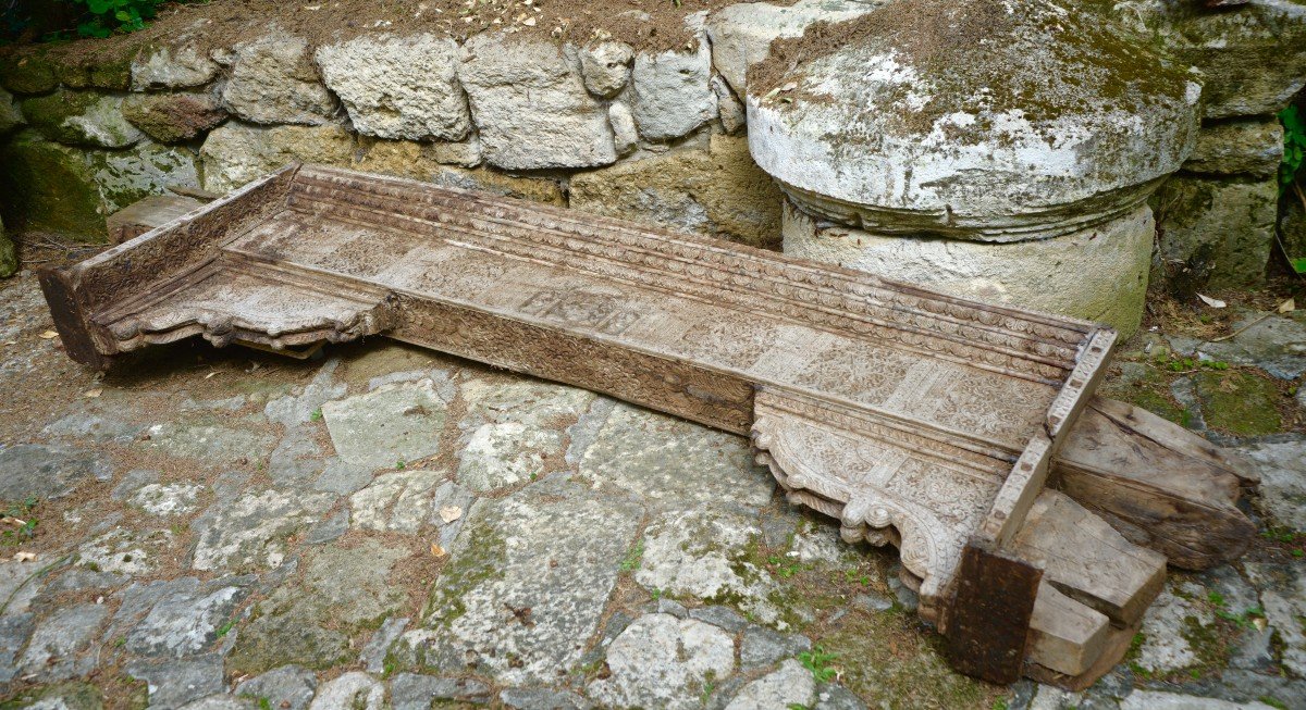 Grand Linteau Avec Ses Corbeaux En Bois Sculpté, Inde 19ème-photo-8