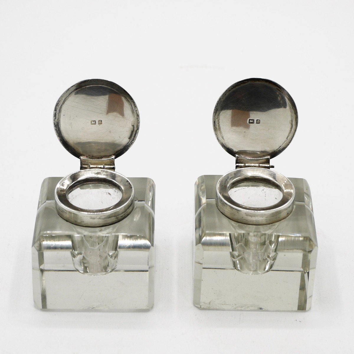 Pair Of Inkwells With Silver Stoppers 19th