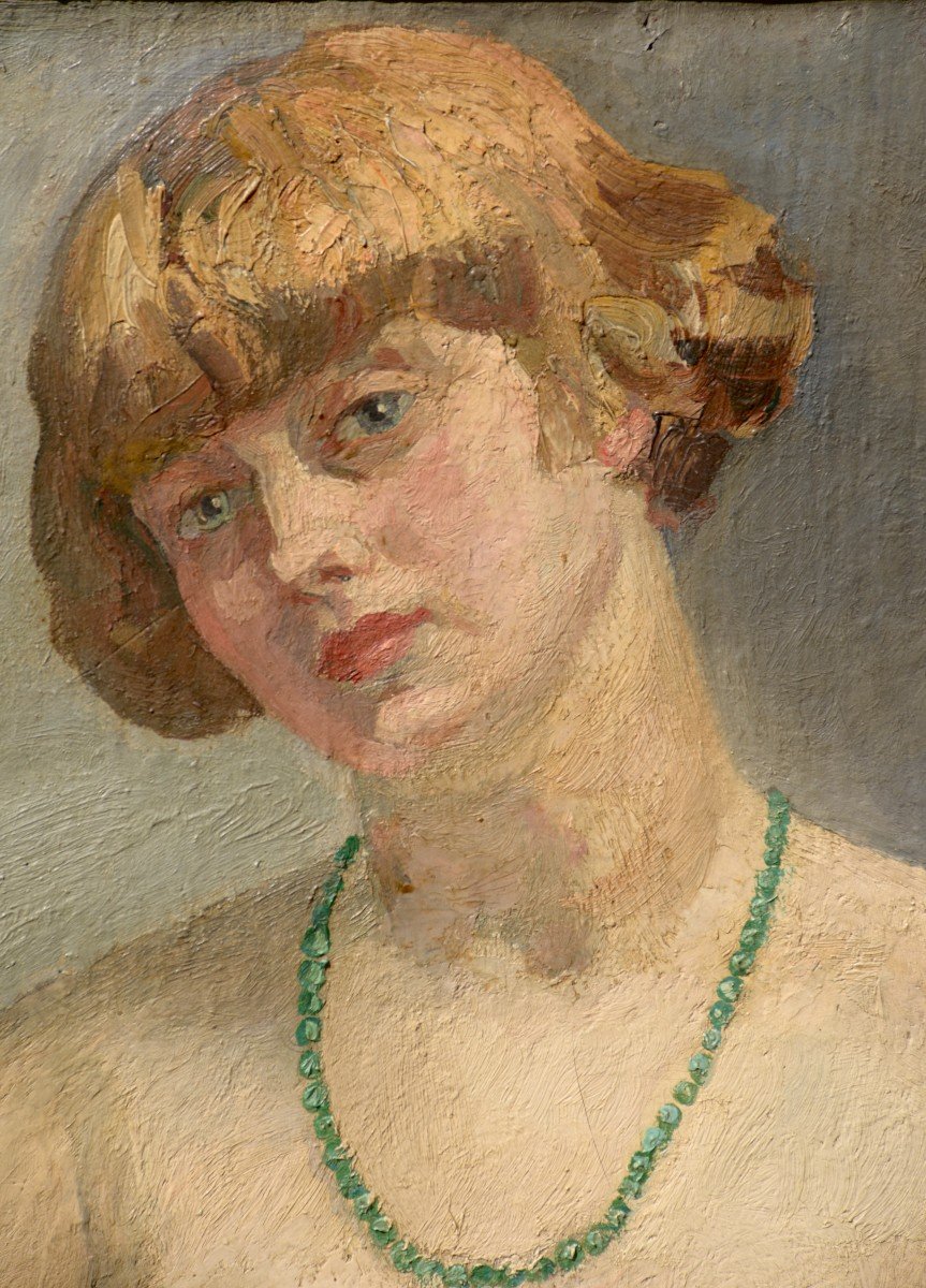 Tancrède Synave "woman With A Green Necklace" Oil On Canvas Circa 1930-photo-2