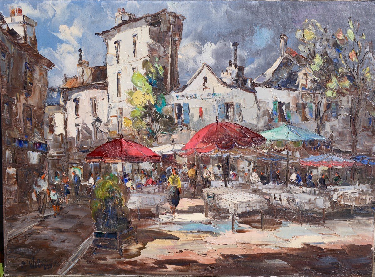 Pierre Wilnay "market Scene" Oil On Canvas Circa 1950