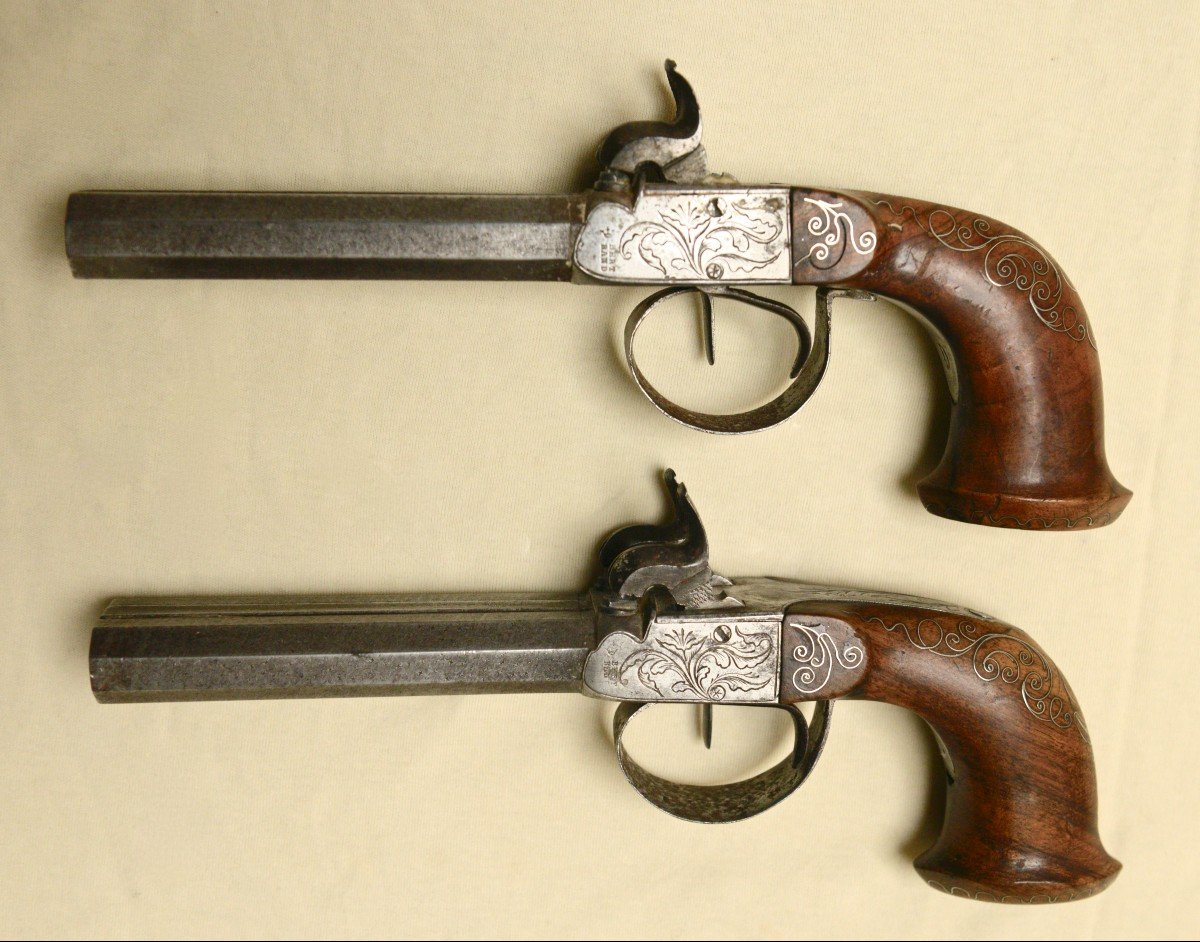 Pair Of Jacob Bertrand Double Barrel Pistols Circa 1840-photo-2