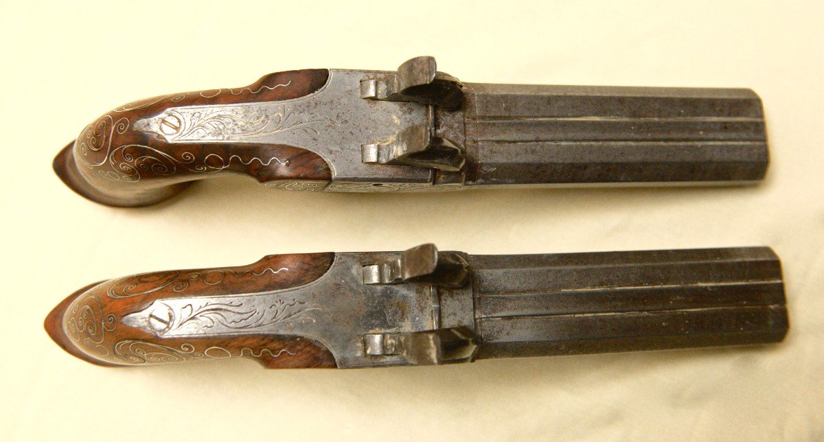 Pair Of Jacob Bertrand Double Barrel Pistols Circa 1840-photo-4