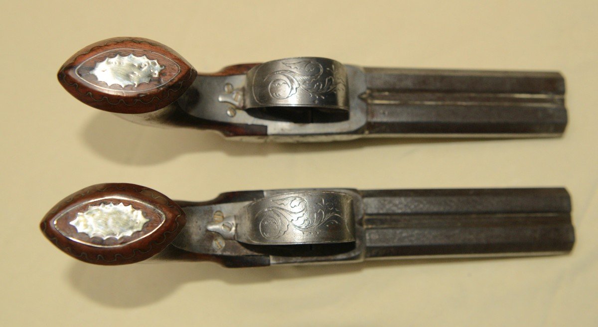 Pair Of Jacob Bertrand Double Barrel Pistols Circa 1840-photo-2