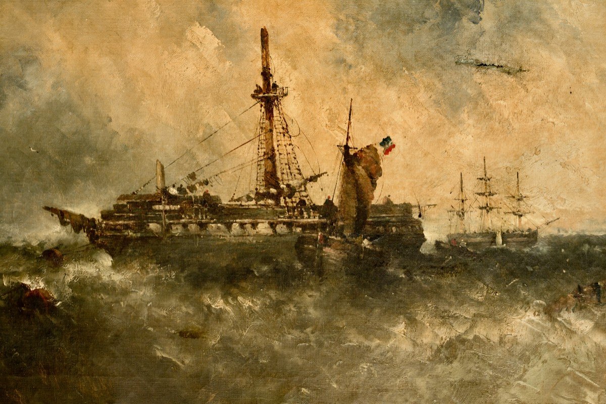 "ship In Difficulty" Oil On Canvas 19th Century-photo-2