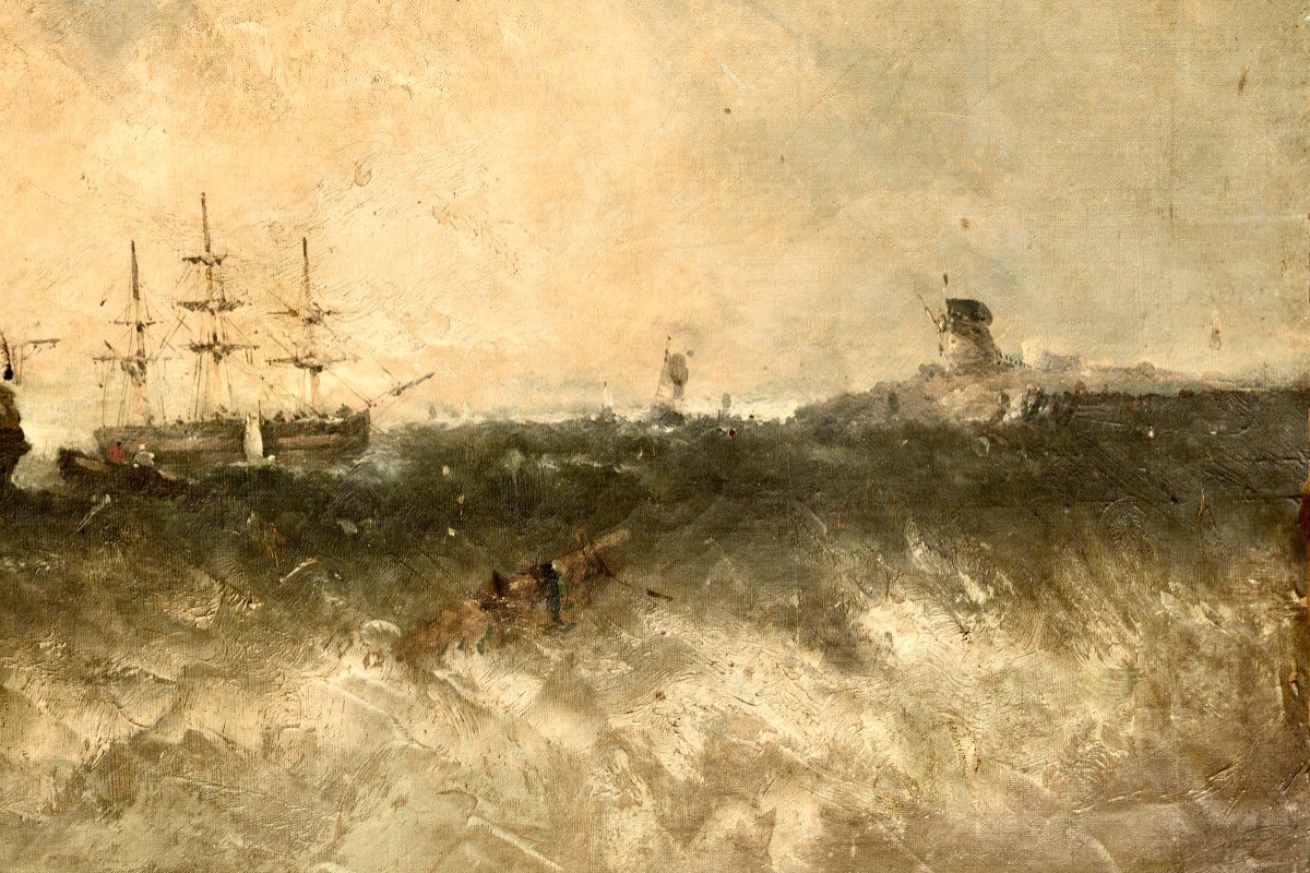 "ship In Difficulty" Oil On Canvas 19th Century-photo-3