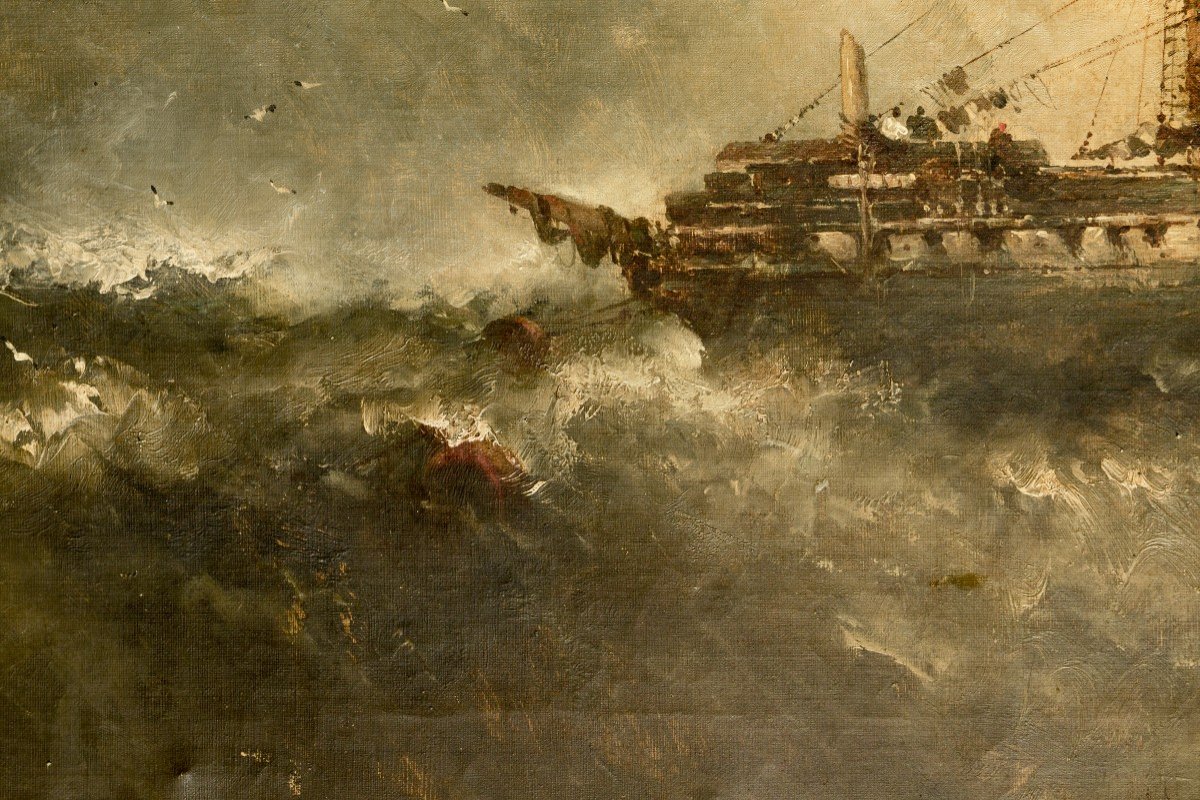 "ship In Difficulty" Oil On Canvas 19th Century-photo-4