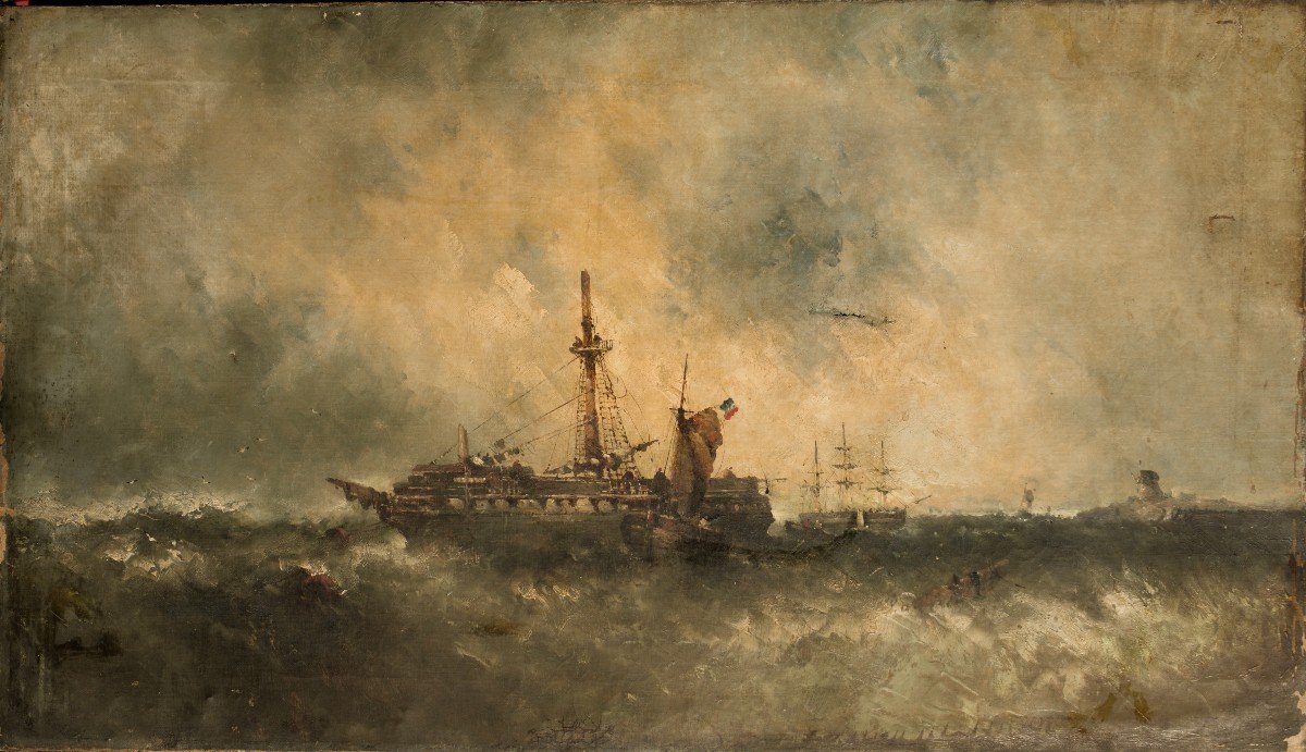 "ship In Difficulty" Oil On Canvas 19th Century