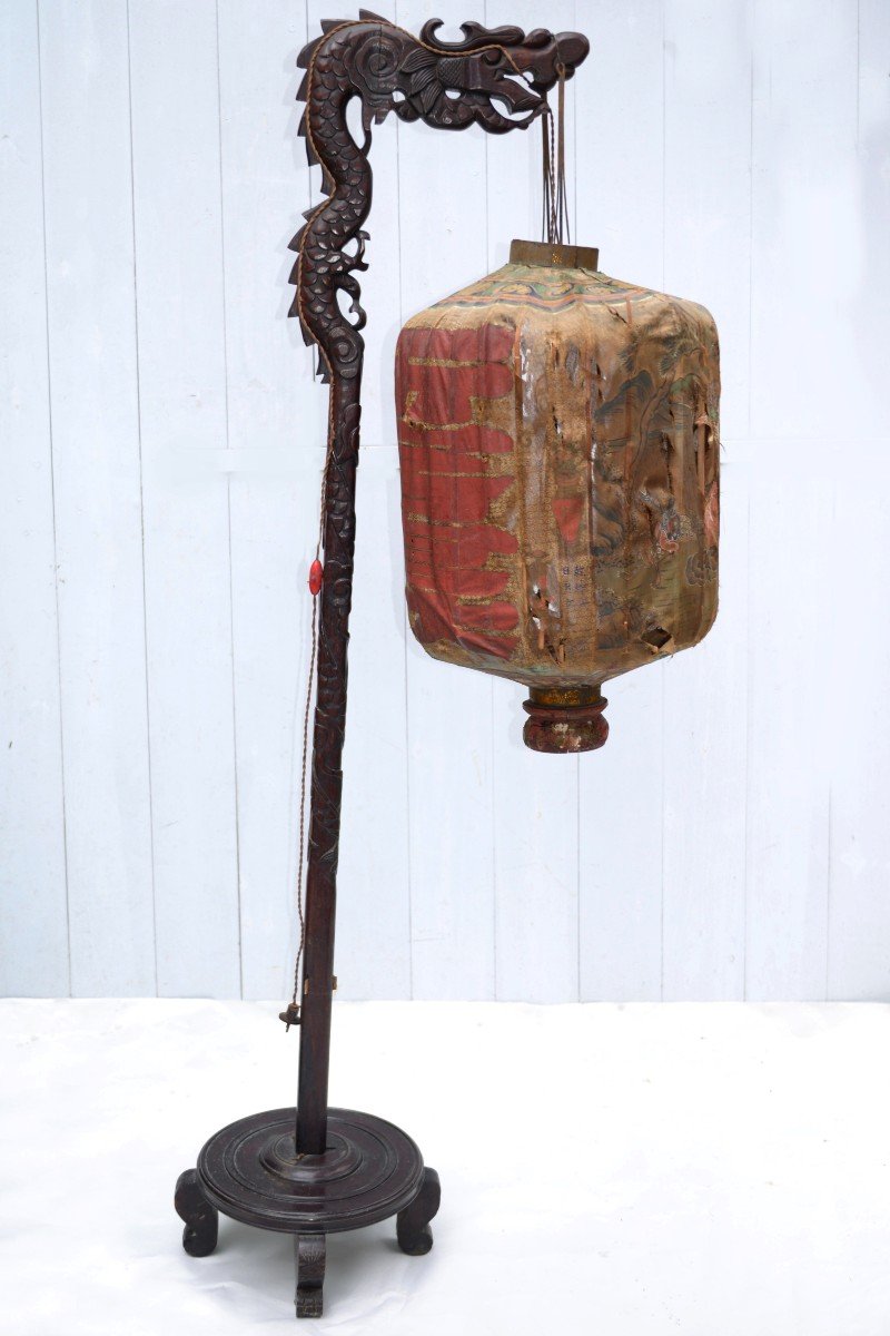 China - Circa 1900 Carved Wooden Lantern Holder With Coiled Dragon. -photo-1