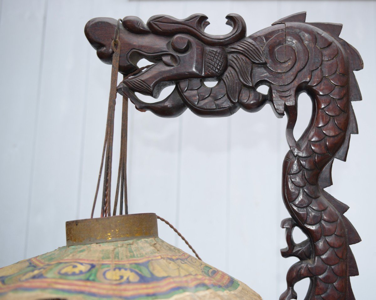 China - Circa 1900 Carved Wooden Lantern Holder With Coiled Dragon. -photo-5